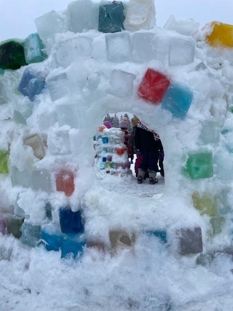 A colourful snow fort